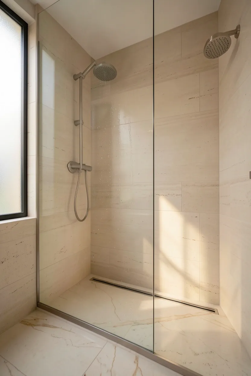 Seamless grout-free shower surround with bookmatched porcelain panels flowing around the entire shower space