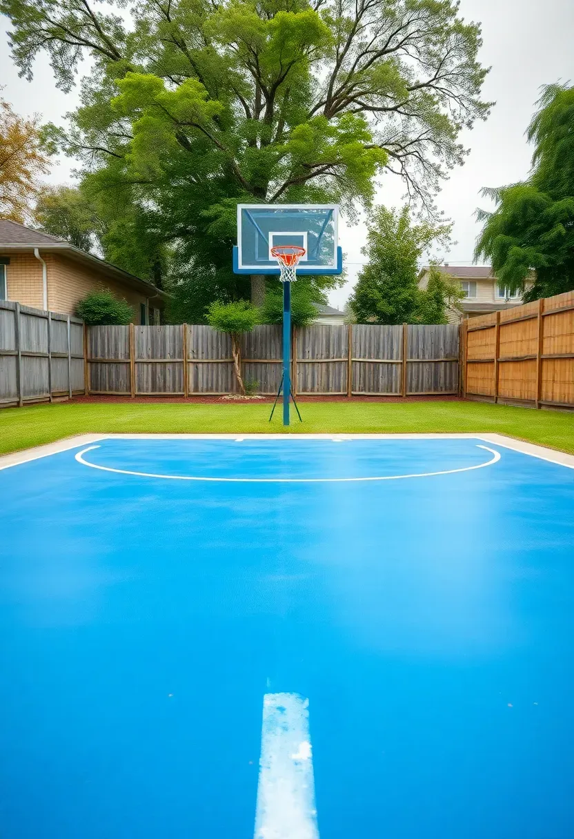 Compact backyard sport court with painted lines for basketball and pickleball on a concrete slab surrounded by grass