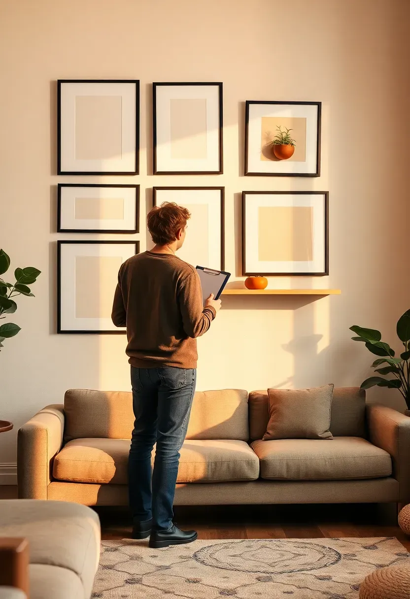 Designer stepping back from a fully decorated wall with clipboard, assessing the final arrangement from across the room in warm natural light