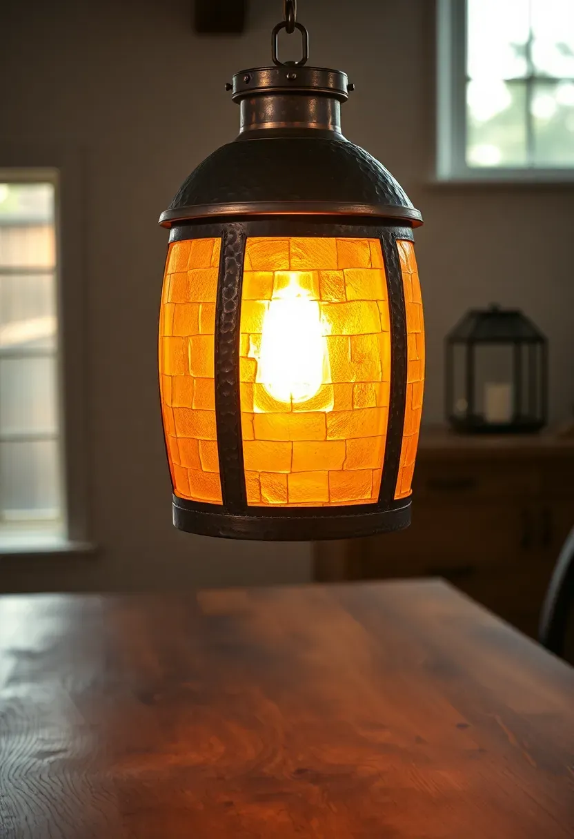 Hammered copper pendant light fixture with warm amber glow hanging in a craftsman dining room