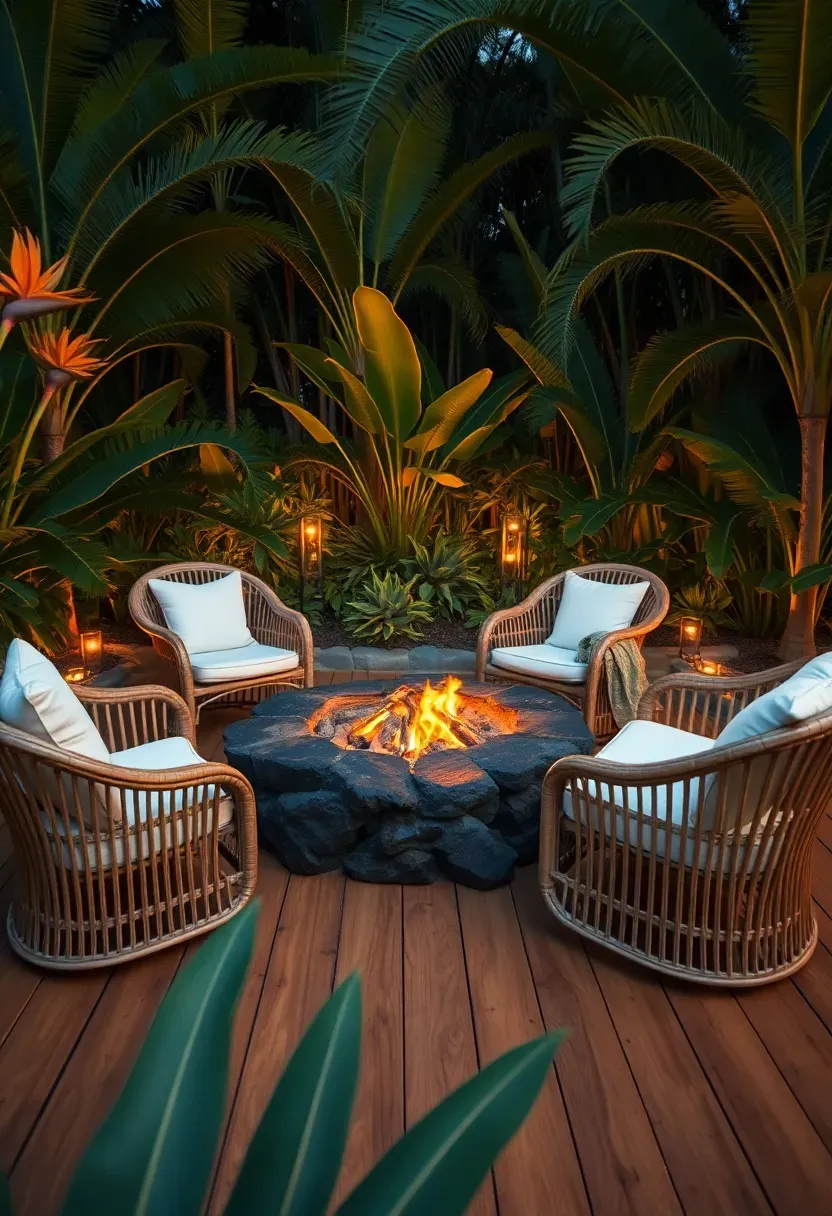 Lush tropical backyard fire pit garden at dusk with lava rock fire pit, wicker chairs, and banana palms enclosing the space