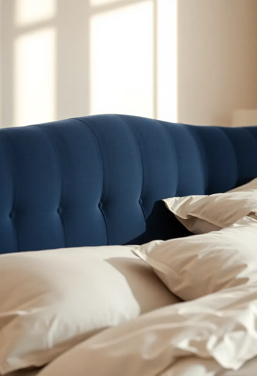Tufted velvet headboard in soft navy