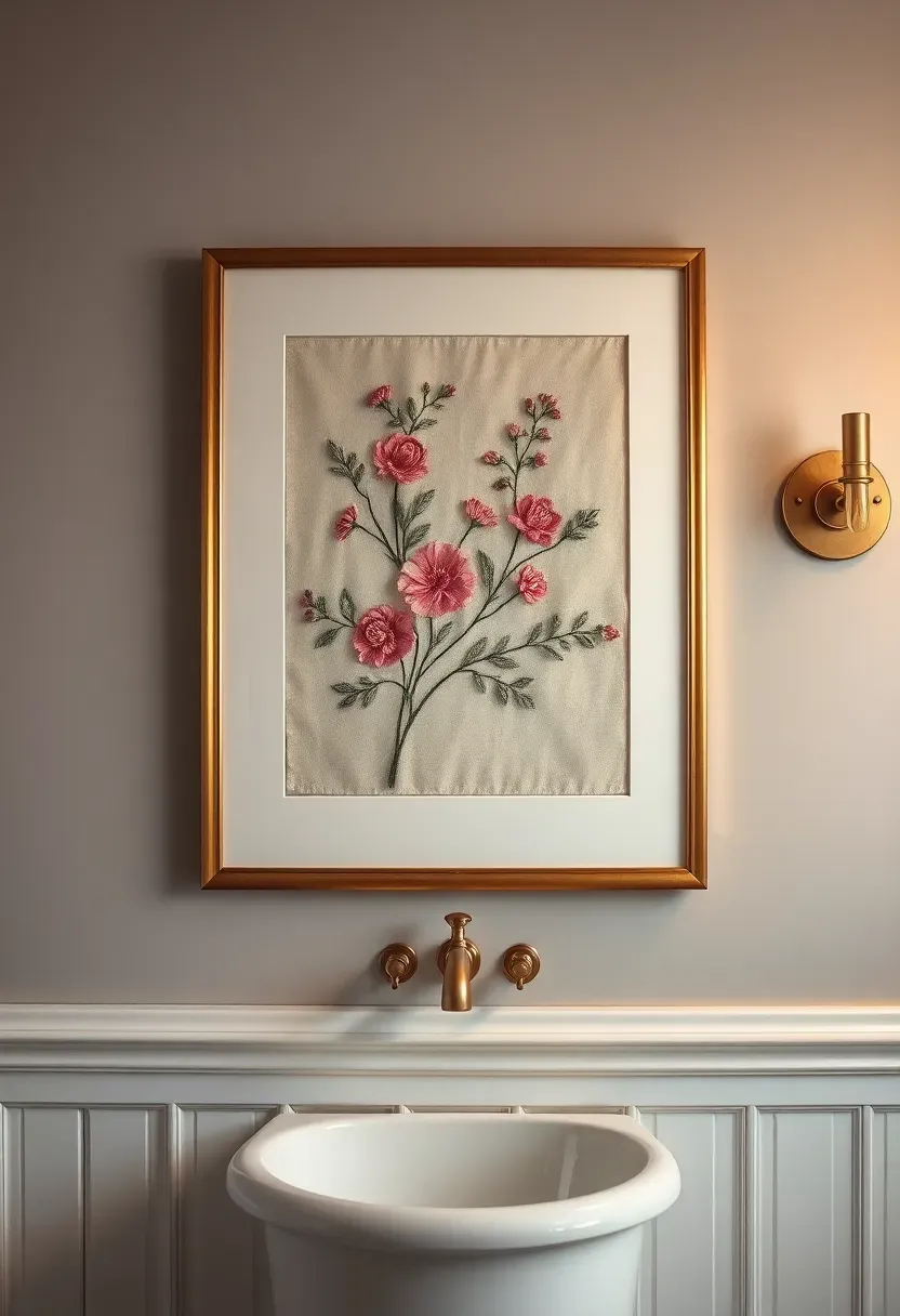 Framed antique textile fragment with faded floral embroidery on cream silk displayed behind glass in an elegant bathroom
