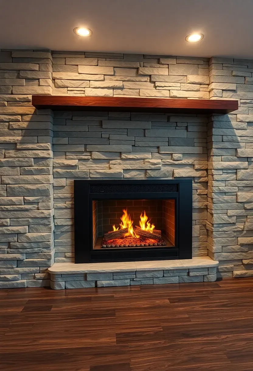 faux stacked stone veneer panels installed on a basement wall around a fireplace with warm ambient lighting
