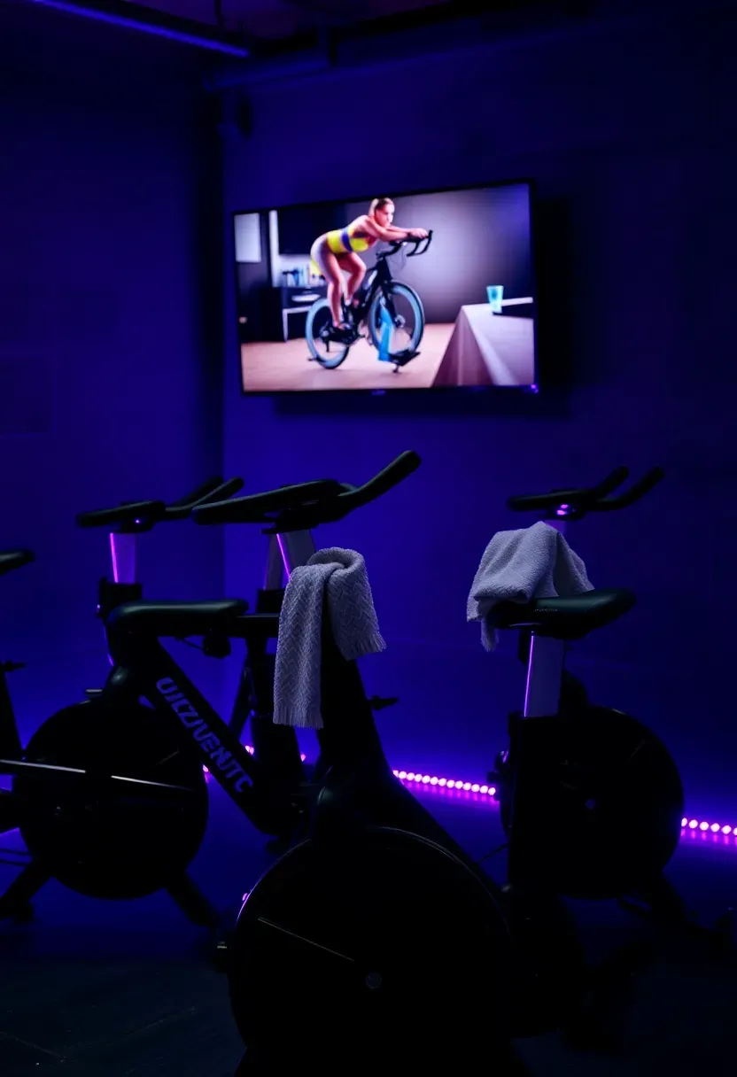 Row of three spin bikes in a dark basement with LED strip lighting along the walls, large screen on the wall showing a cycling class