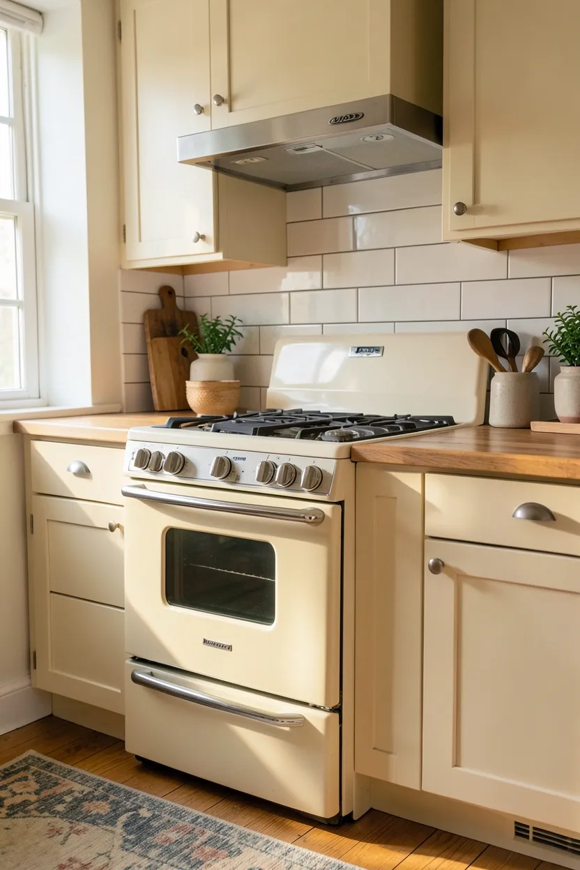 Cream vintage-style range with chrome trim and analog dials serving as a focal point in a small farmhouse kitchen with subway tile