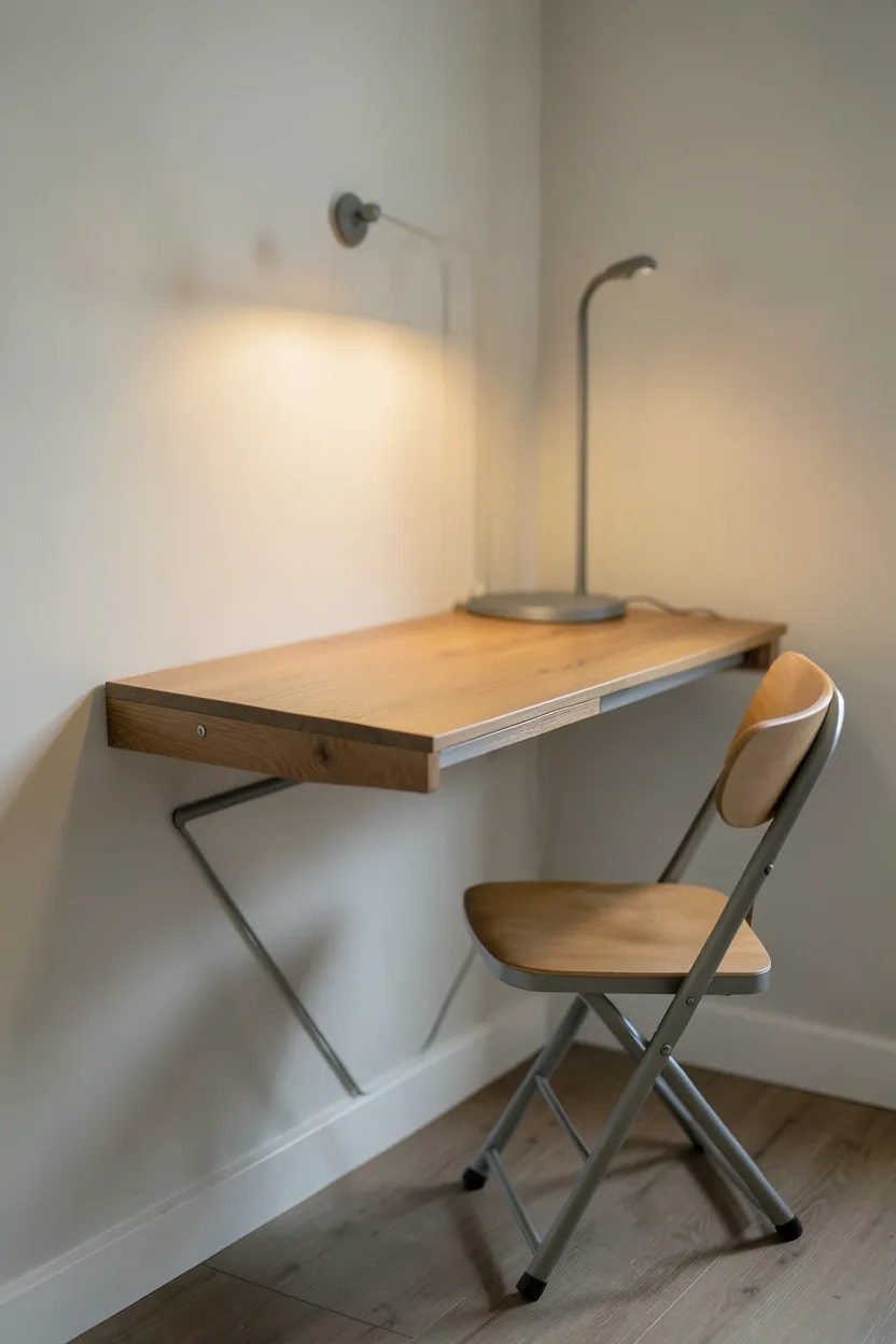 White wall-mounted drop-leaf desk folded down with a simple folding stool in a minimal bedroom — space-saving renter reading nook that disappears when not in use