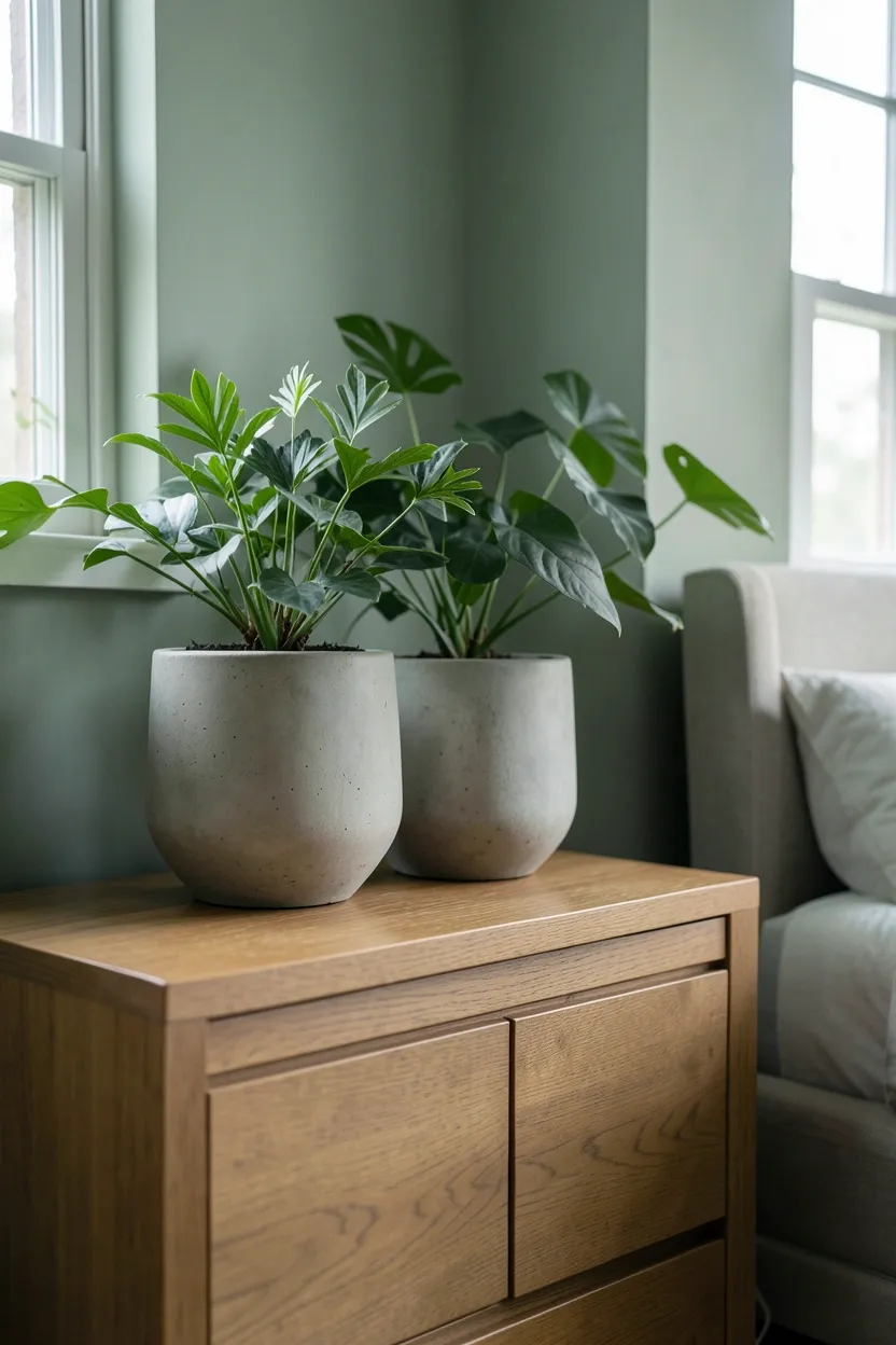 Indoor plant in a matte ceramic planter on a dresser in a sage green bedroom with neutral decor