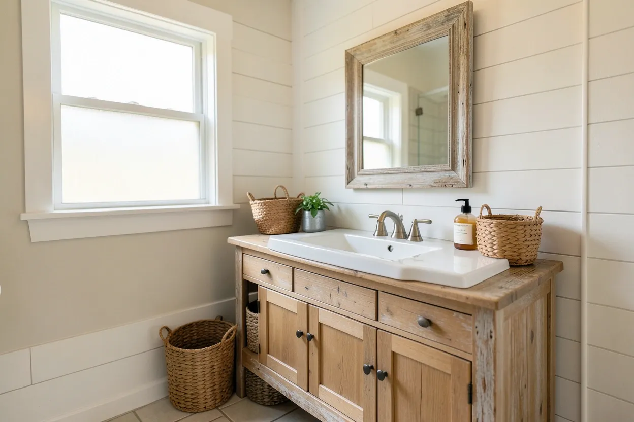Collage of 21 modern farmhouse bathroom decor ideas featuring shiplap walls, rustic wood vanity, vintage fixtures, and woven baskets in a cozy rental bathroom