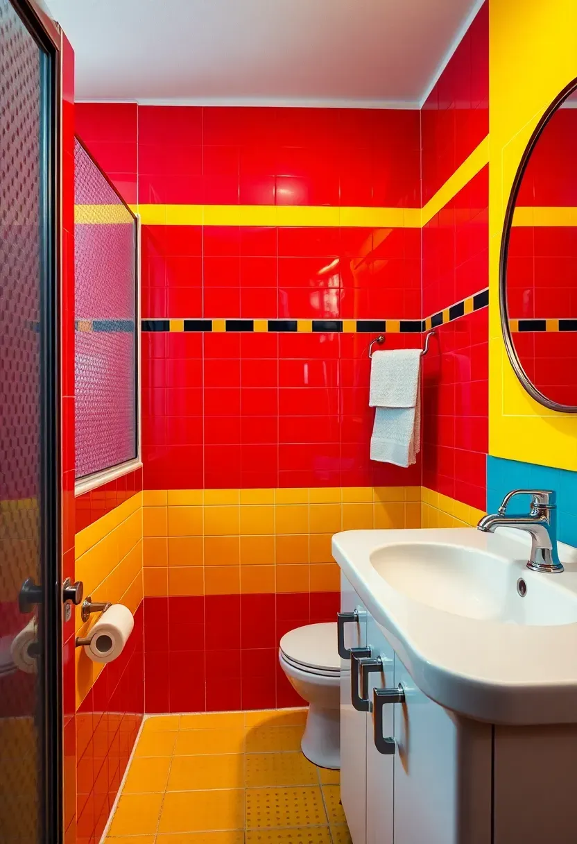Retro pop art inspired bathroom with bold colors and graphic patterns