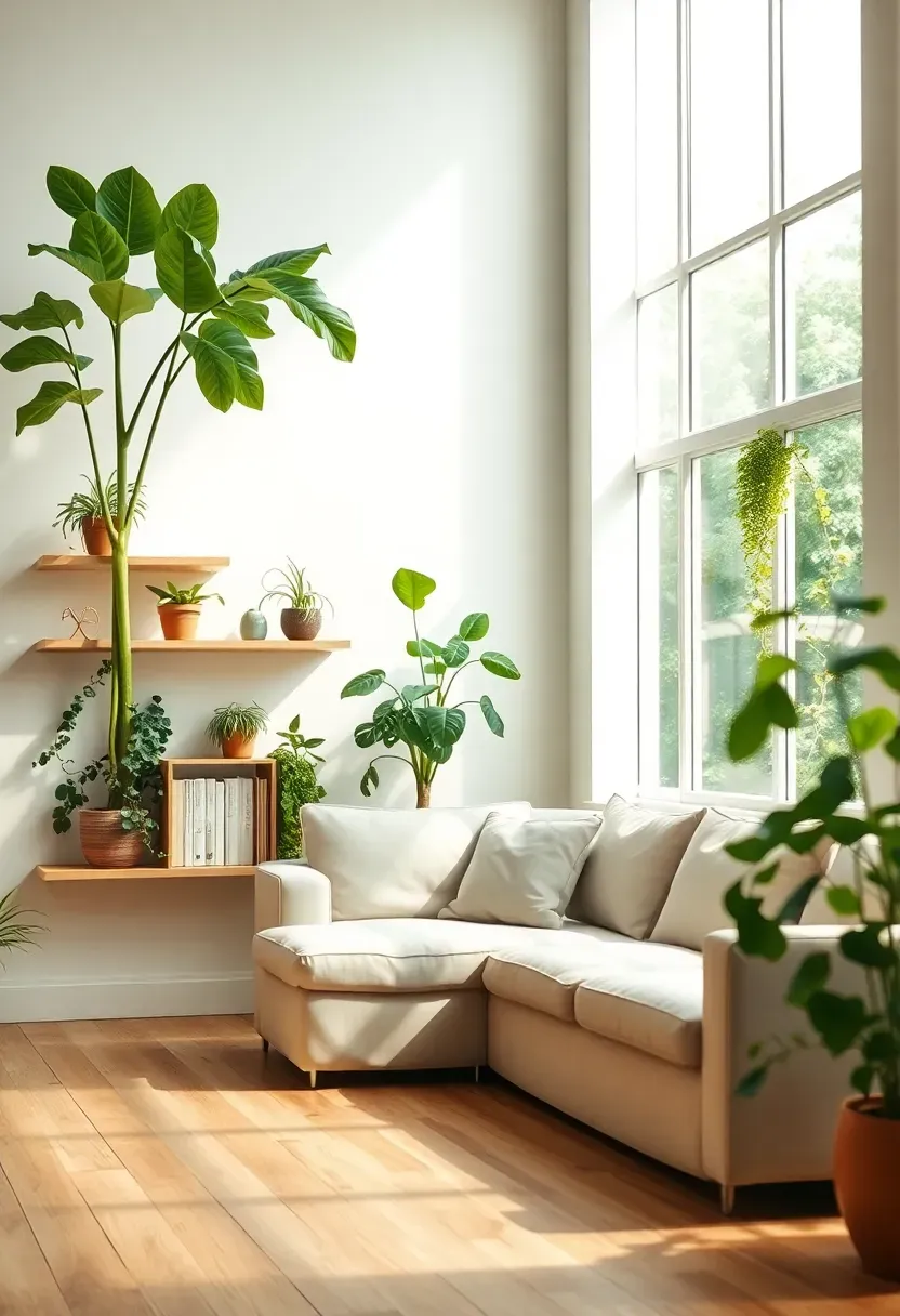 Hyper-realistic 3/4 view of a biophilic living room with warm white walls, light oak floor, cream linen sofa, large fiddle leaf fig tree in corner reaching toward ceiling, smaller snake plant and pothos on floating shelves, trailing ivy on bookshelf, terracotta pots, abundant natural light from large window. Materials: warm white paint, light oak, linen upholstery, terracotta, live plants. Bright daylight creating green highlights against neutral backdrop, organic biophilic mood. Composition showing plants at multiple heights. Sharp details on plant leaves and terracotta texture. No text, no logos, no watermarks.</p>