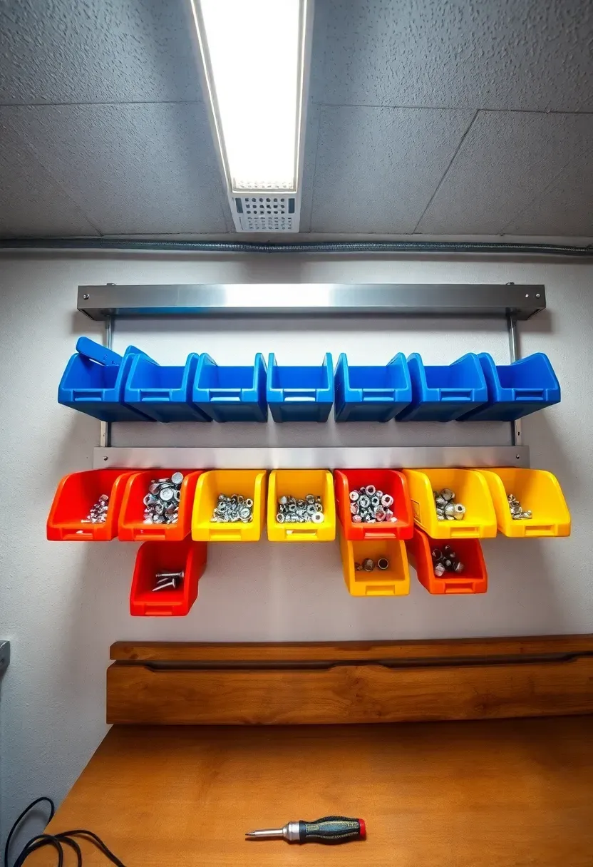 Basement wall-mounted bin rail system with rows of colored tilt-out bins holding screws, bolts, and small hardware pieces
