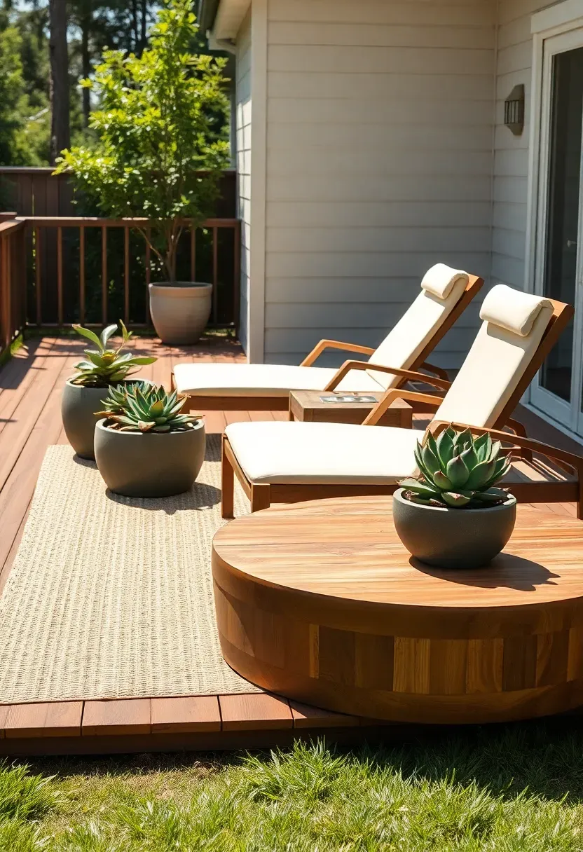 ground-level composite back deck with a pair of outdoor chaise lounges, a woven area rug, large potted succulents, and a low coffee table on a sunny afternoon
