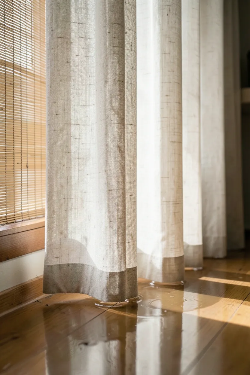 Floor-length natural linen curtains layered with woven bamboo shades on farmhouse living room windows