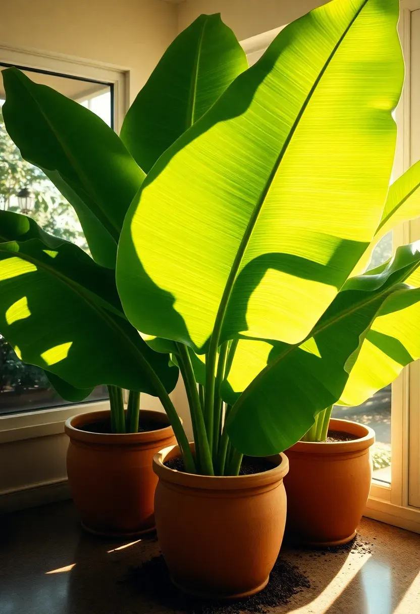 Grouping of banana leaf plants with large tropical leaves in terracotta pots arranged in a sunroom corner with intense morning light creating dramatic shadows