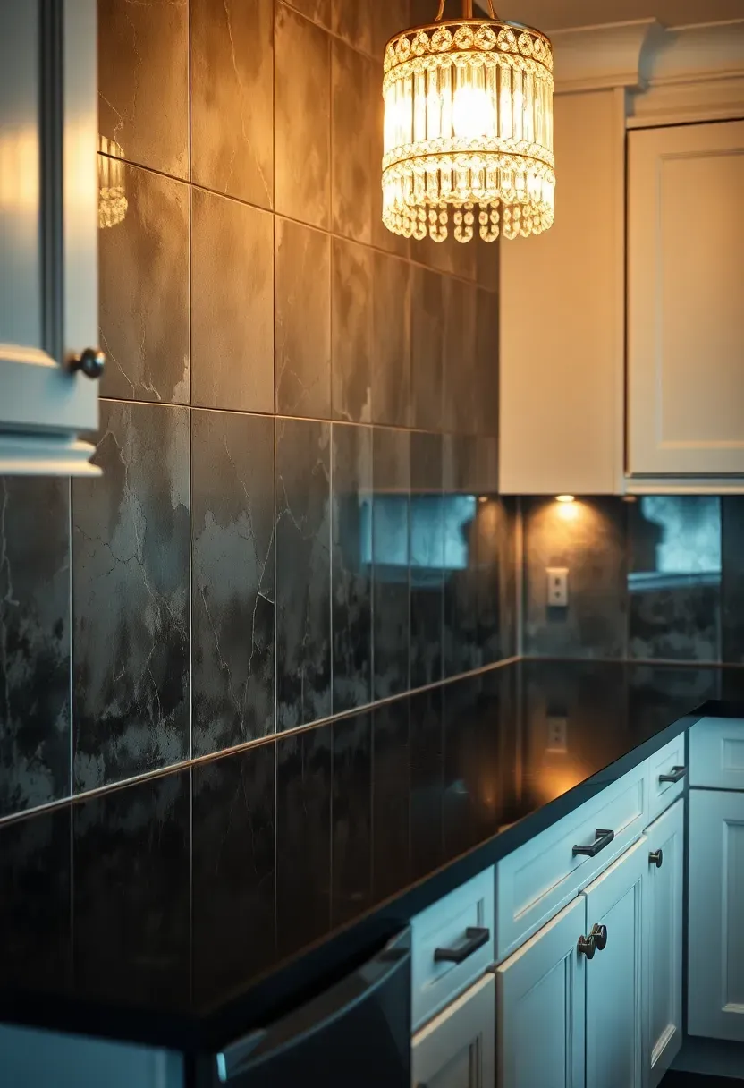 antique mirrored glass backsplash panels reflecting light in a white kitchen with dark granite countertops and crystal pendant