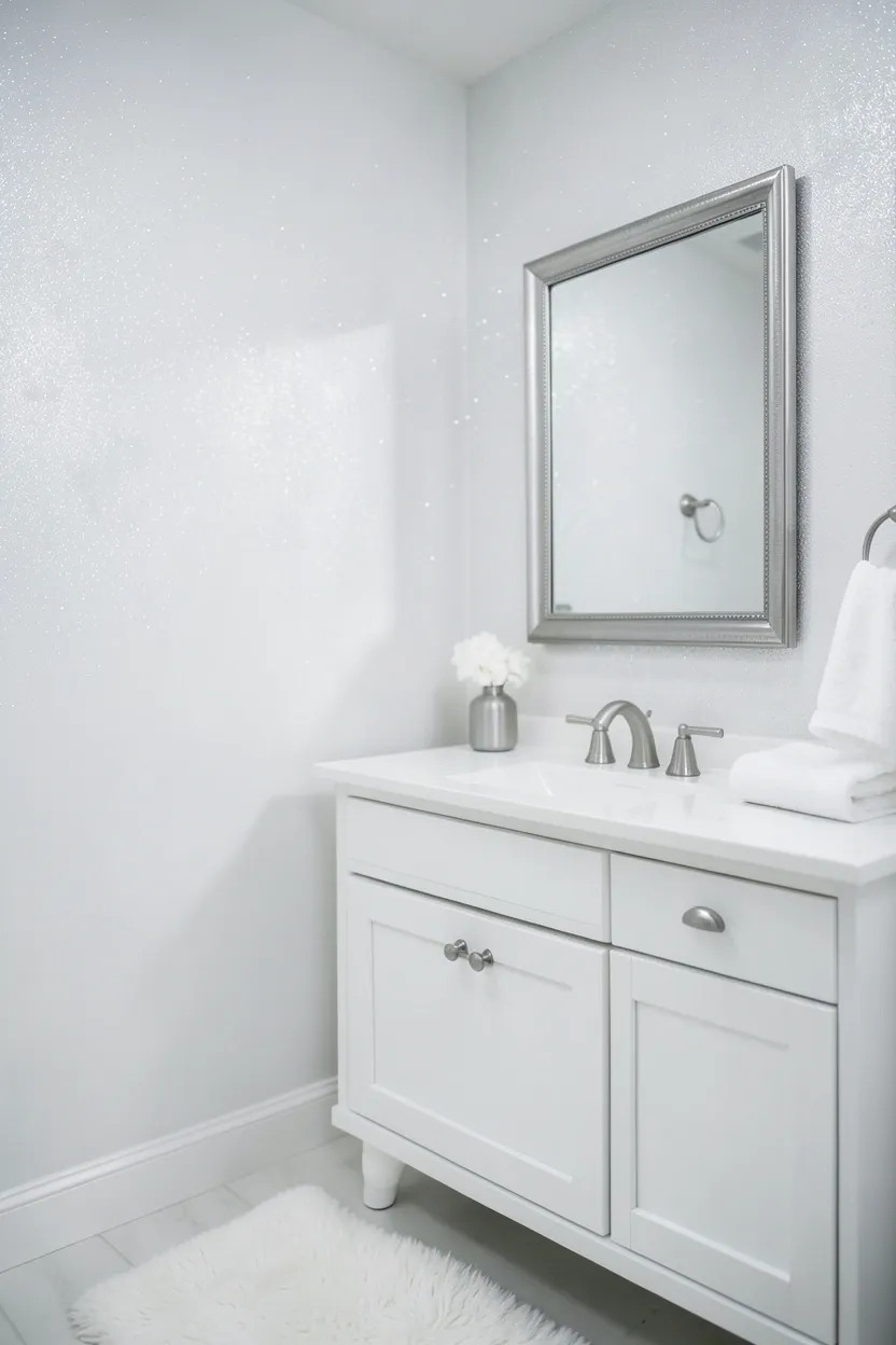 Dreamy white bathroom with silver shimmer walls, white vanity, and fluffy cloud-like towels