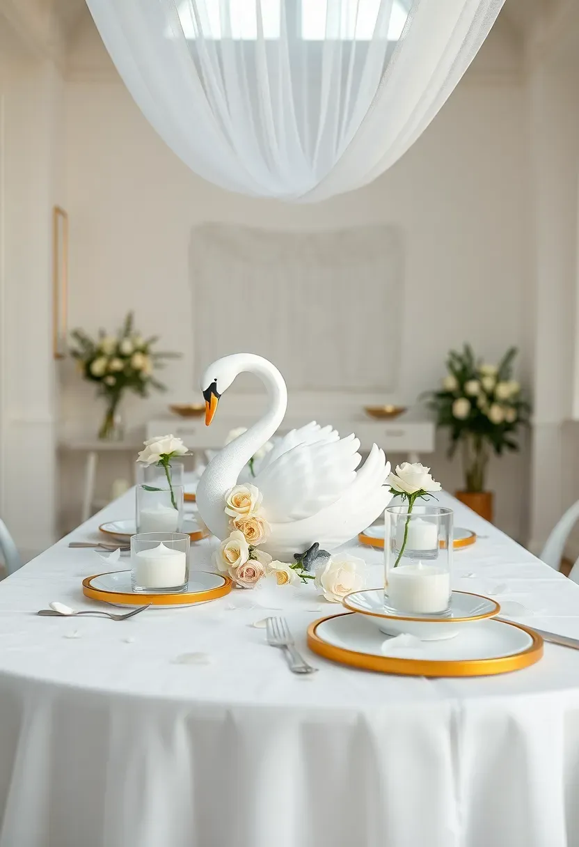 swan lake themed baby shower with white feather decor elegant swan centrepieces and soft tulle