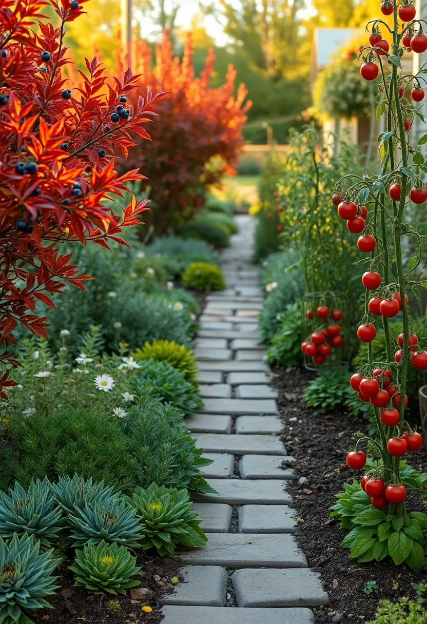Backyard edible landscape mixing blueberry bushes, herb borders, and cherry tomato plants woven between ornamental flowers along a stone walkway