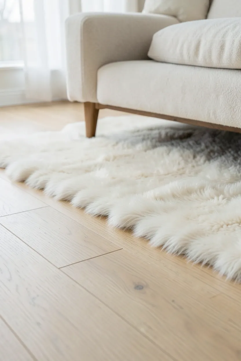Cream sheepskin rug layered over warm light oak floor creating a cozy hygge spot in a minimalist Scandinavian living room