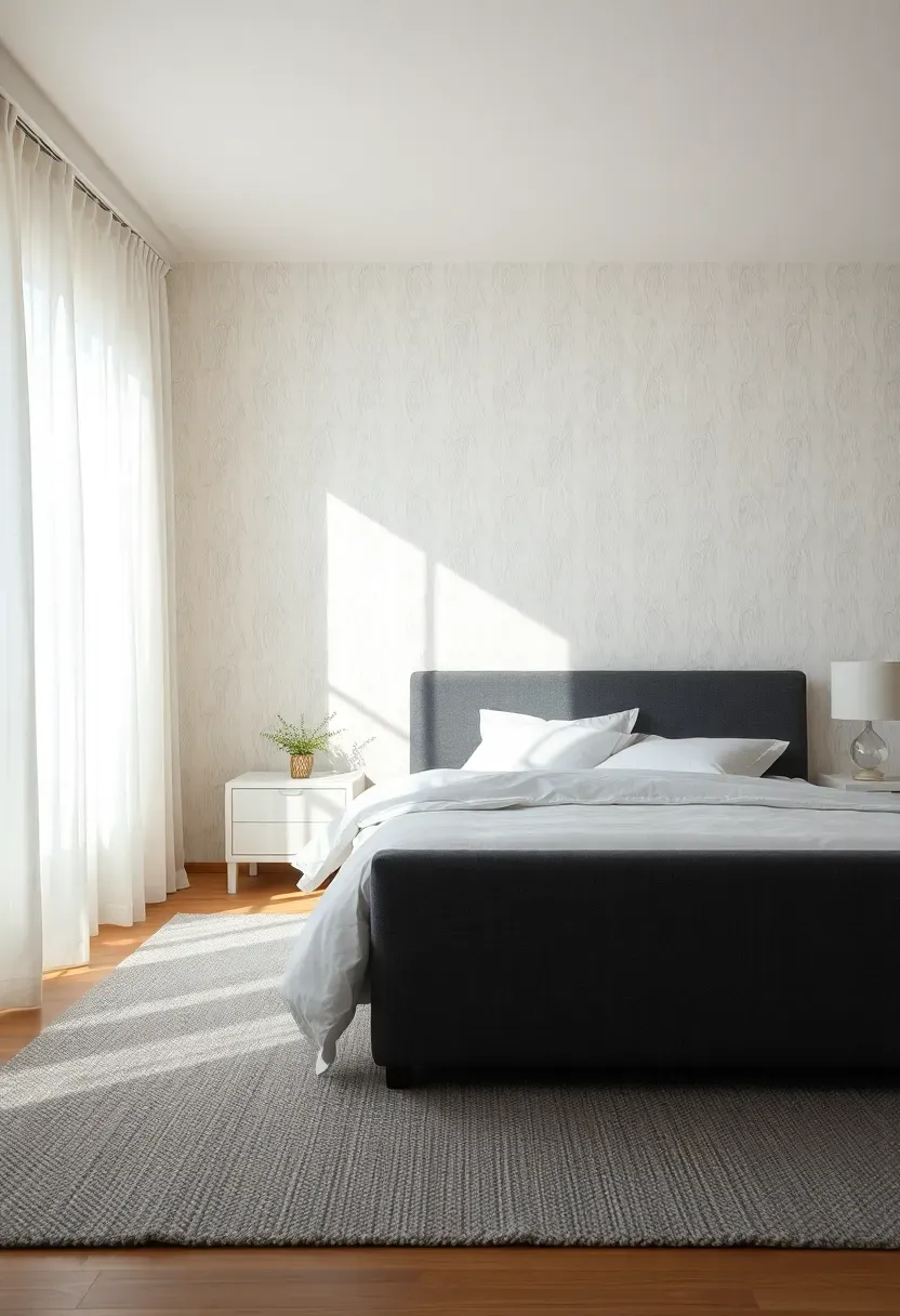 White Textured Wallpaper with Grey Bed