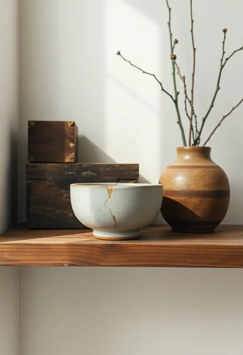 Hyper-realistic 3/4 view of a wabi-sabi minimalist shelf displaying carefully weathered items: handmade ceramic bowl with visible crack repair using gold kintsugi technique, aged wooden box with natural patina, naturally dried branch arrangement in earthen vase. Materials: rough-hewn wooden shelf, ceramic with visible craquelure, gold repair line, worn wood with grain patterns, dried botanicals. Soft window light from left creating directional shadows that emphasize texture and imperfection. White wall background, no pristine objects. Shallow depth of field highlighting the repaired ceramic crack. No text, no logos, no watermarks.</p>
