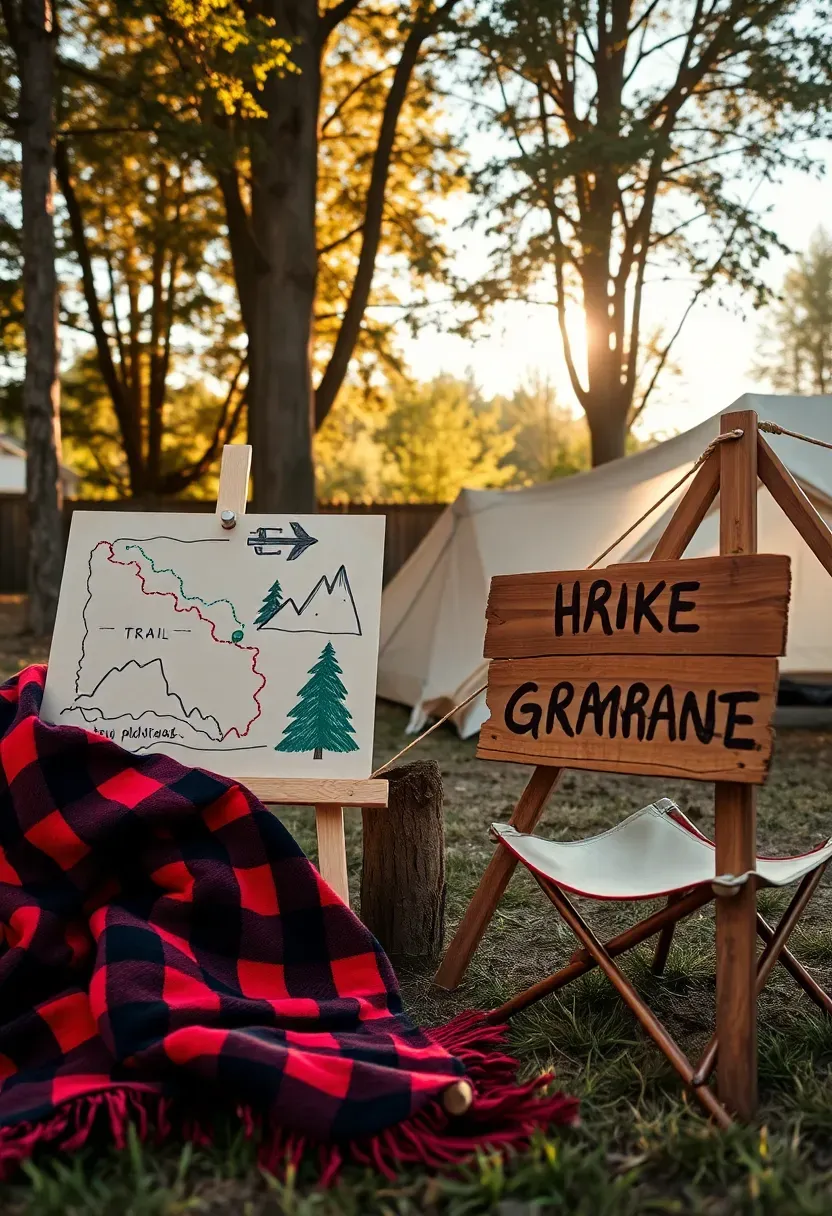 A backyard campsite decorated in a wilderness adventure theme with plaid blankets, a hand-drawn trail map on poster board, and a wooden camp sign reading Base Camp
