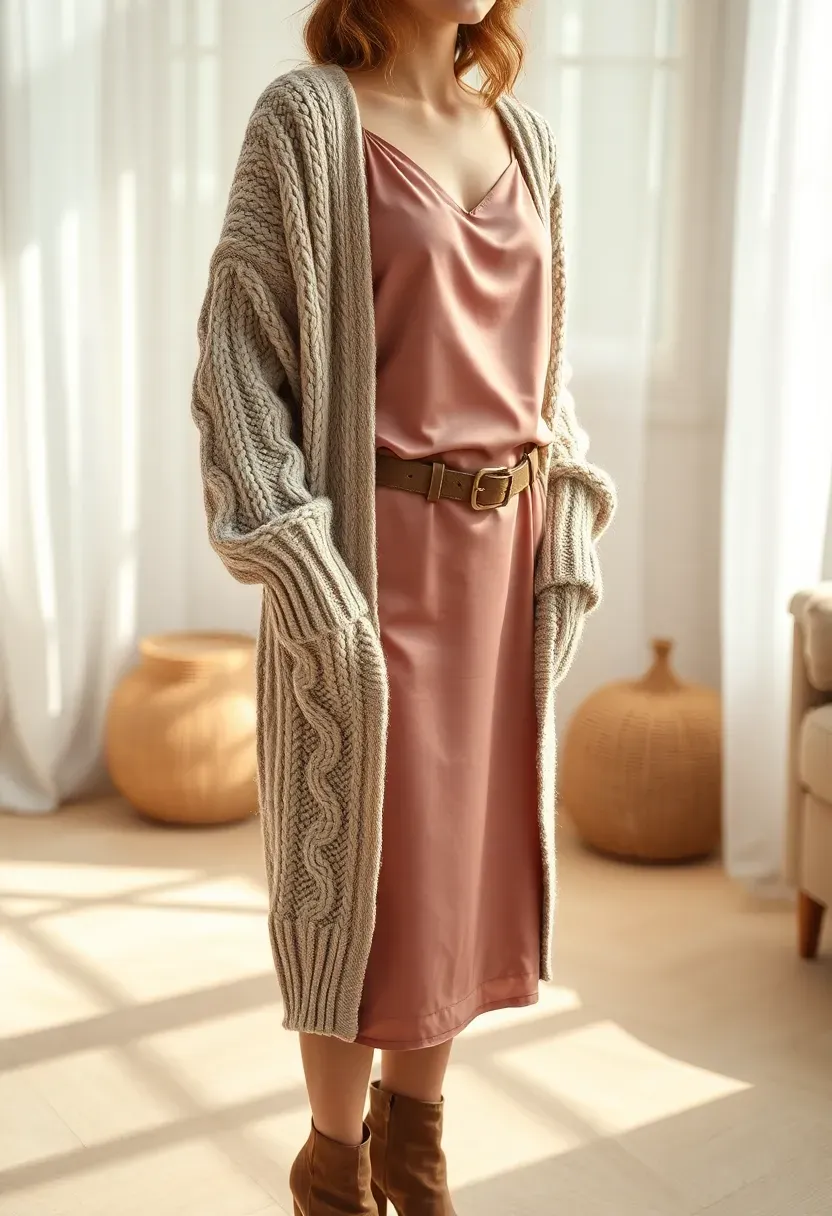 mauve satin slip dress layered with a cozy cream cardigan for a winter baby shower guest outfit