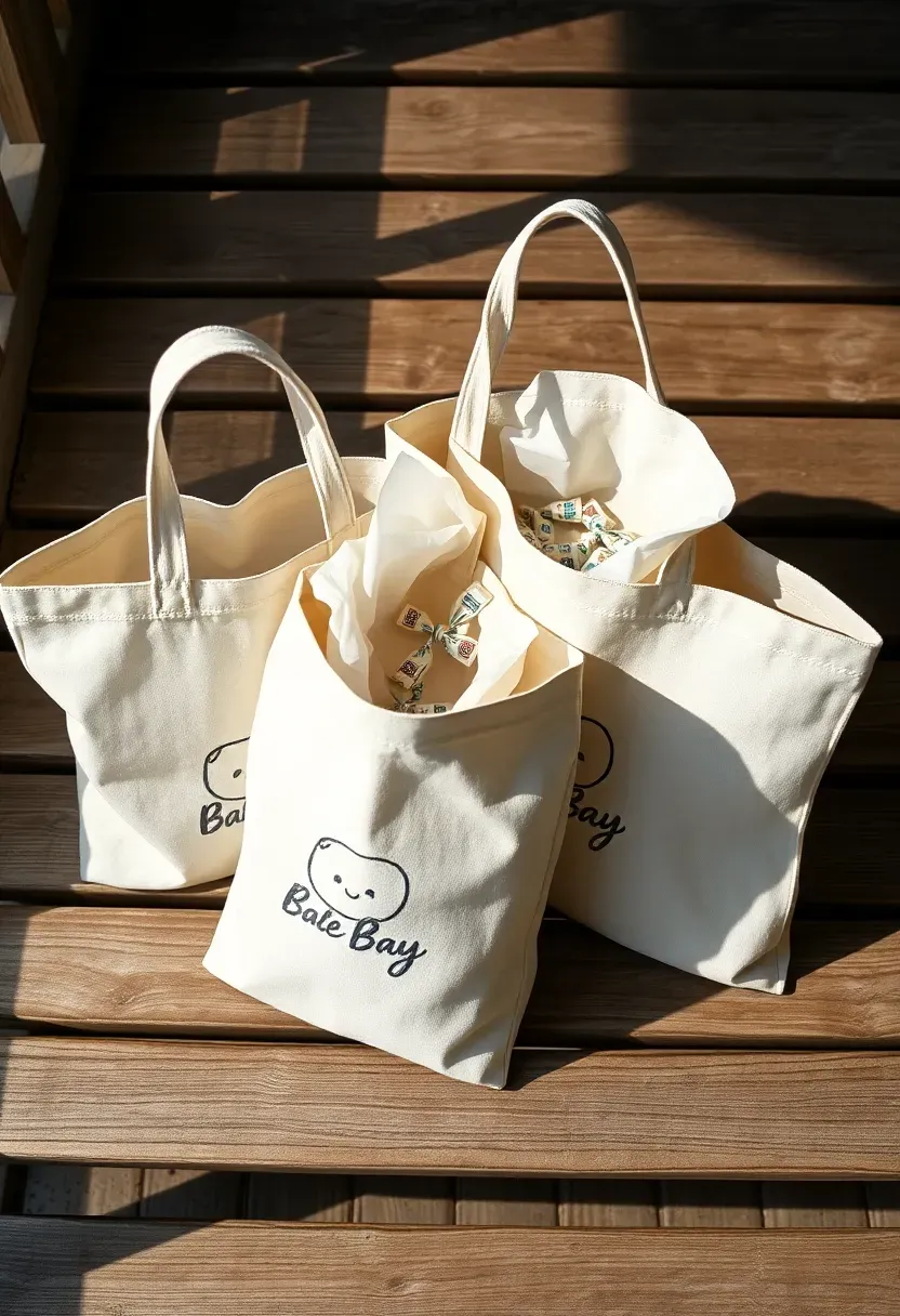 canvas tote bags with baby shower design printed on them filled with small treats and gifts