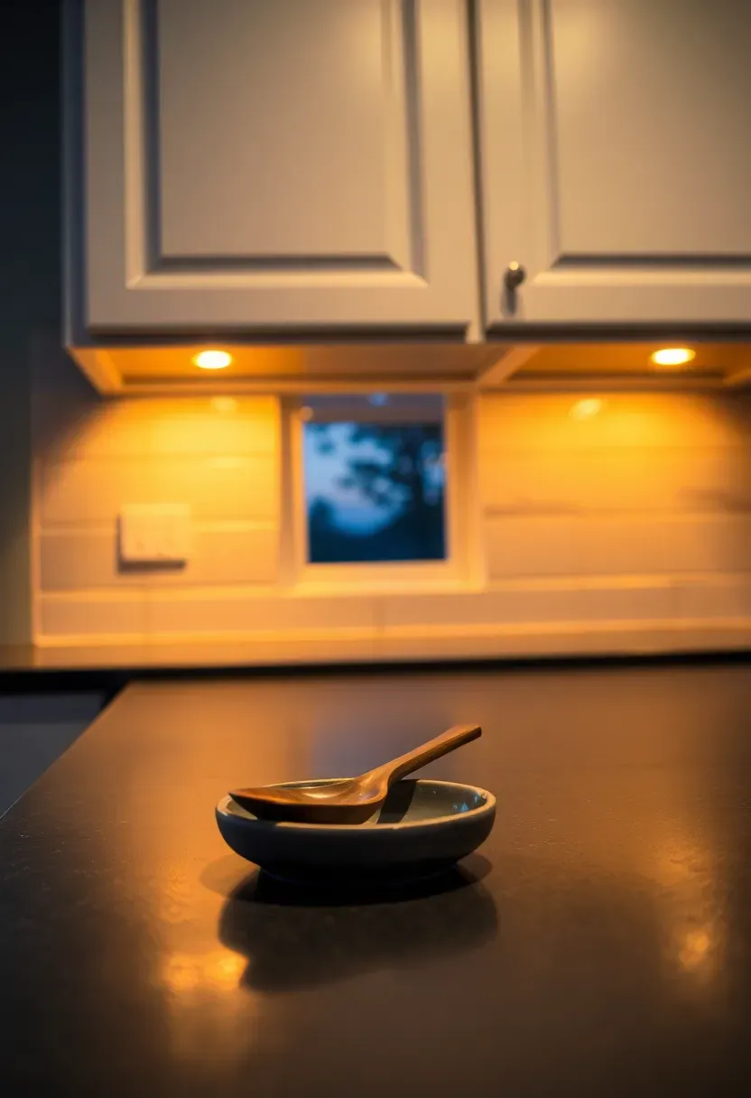 Kitchen with warm amber LED strip lighting beneath upper cabinets illuminating the countertop