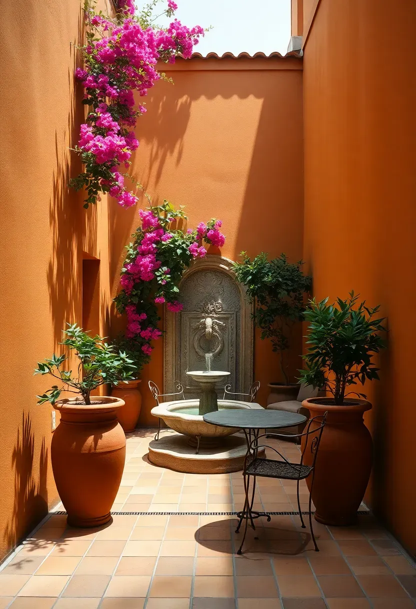 Enclosed courtyard patio with tall stucco walls, a central fountain, climbing bougainvillea, potted citrus trees, and wrought iron bistro furniture