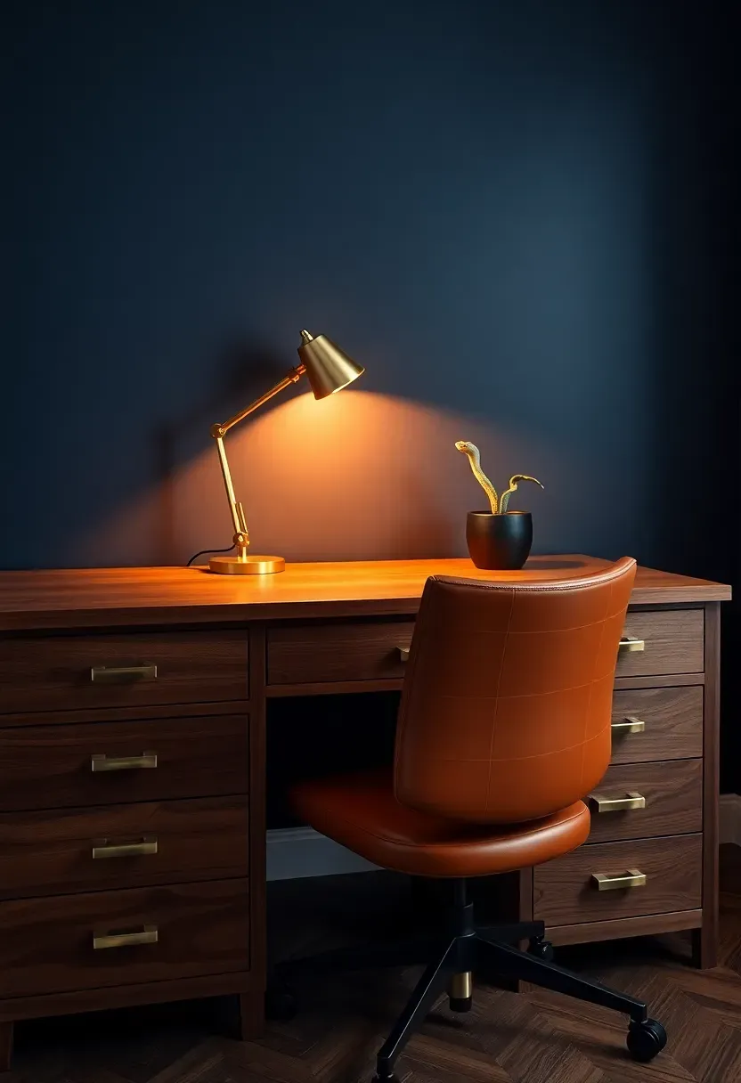 Elegant home office with a deep navy blue accent wall behind a walnut desk with brass desk lamp and leather chair