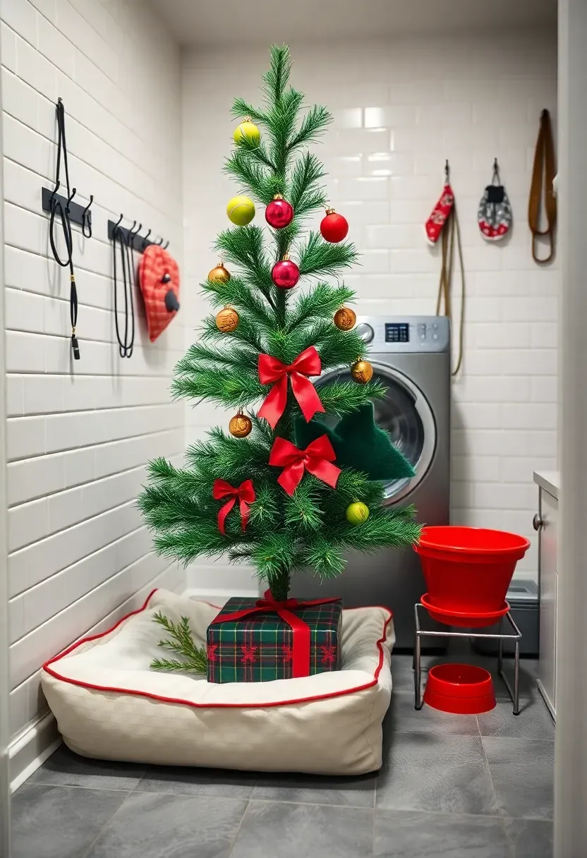 Hyper-realistic wide shot of a mudroom corner with small two-foot tabletop Christmas tree in emerald green with dog-safe ornaments including tennis balls, bone shapes, and red bows, red collar with jingle bells hanging from lower branch, wrapped gift box with dog treat pattern under tree, white dog bed with green plaid blanket, water and food bowls in red ceramic, hooks on wall with leashes and holiday bandanas. White subway tile walls, gray tile floor, laundry machines partially visible. Materials: artificial tree, plastic ornaments, ceramic bowls, fabric collar. Bright overhead lighting creating clean cheerful atmosphere. Playful pet-friendly mood. Shallow depth of field with pet station sharp while showing full mudroom context. No text, no logos, no watermarks.</p>
