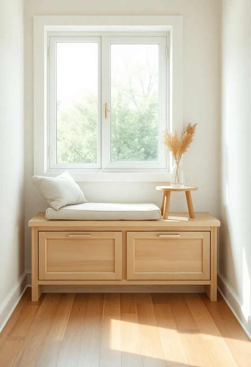 Hyper-realistic 3/4 view of a tiny house window seat with storage beneath, linen cushion, small side table. Materials: white oak bench base, linen cushion, matte white walls, oak floor. Warm diffused window light, creamy neutrals with soft beige tones. Mood: cozy, functional, charming. Shallow depth of field, sharp details, balanced composition, soft shadows, visible room context. No text, no logos, no watermarks.</p>
