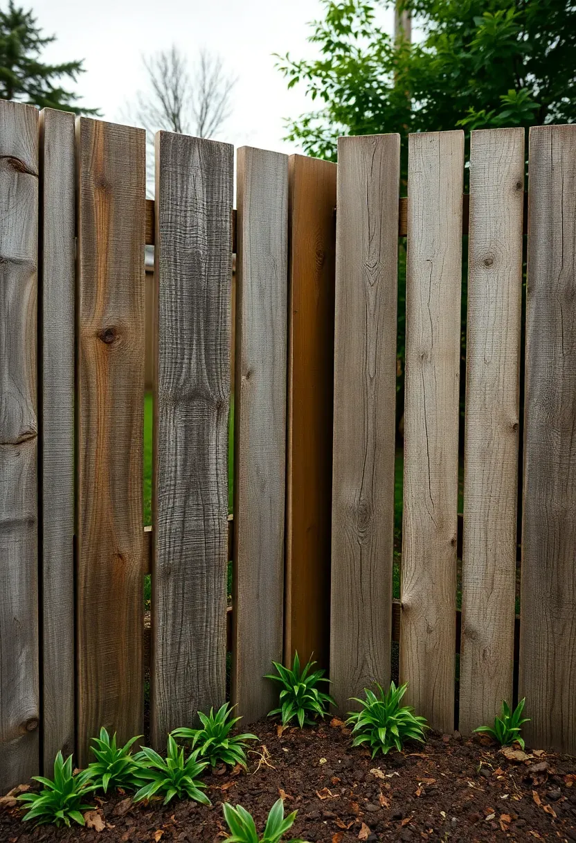 A rustic backyard fence built from reclaimed wood pallets with irregular weathered boards in varying brown and gray tones