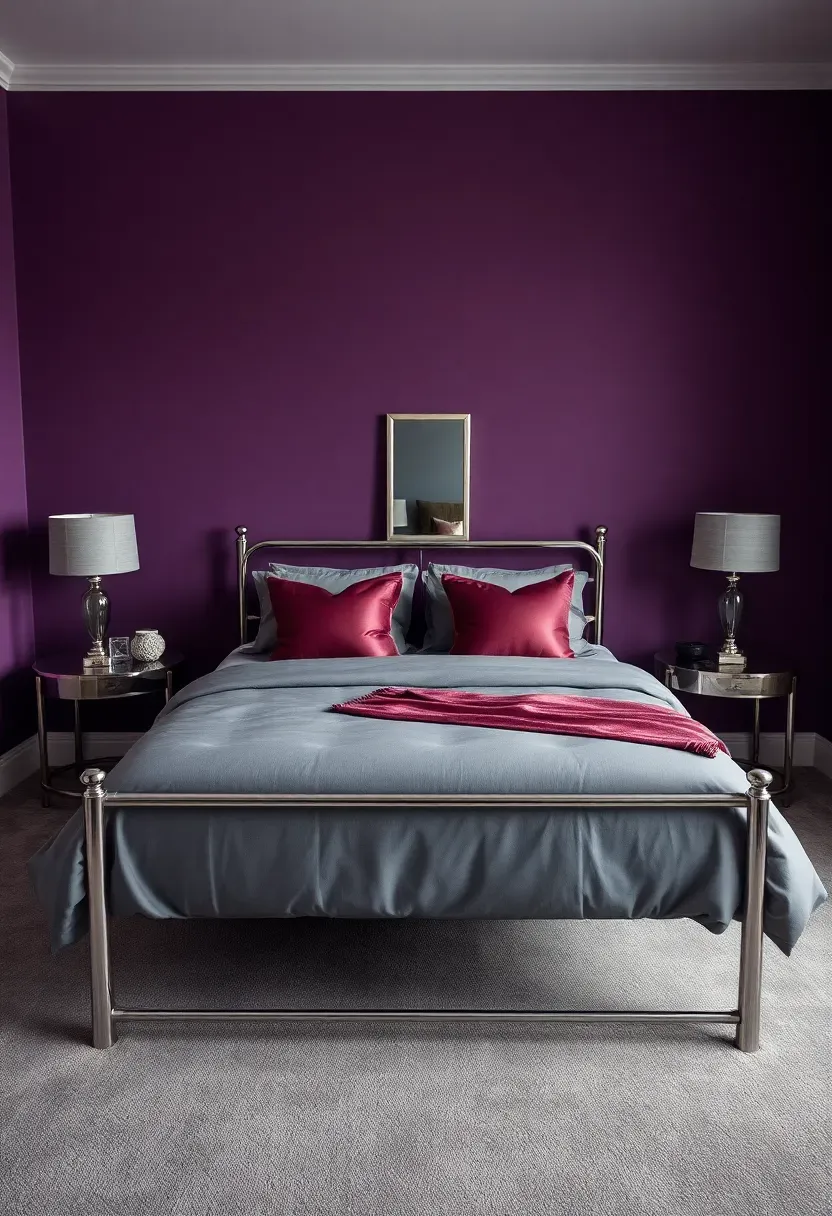 Hyper-realistic wide shot of a moody bedroom with aubergine purple walls, queen bed with gray duvet and aubergine silk pillows, silver bed frame, chrome table lamps with gray shades. Visible room context with gray carpet, silver-framed full-length mirror. Materials: matte aubergine paint, gray cotton, aubergine silk, polished silver, chrome. Soft cool lighting from chrome lamps, elegant shadows on walls. No text, no logos, no watermarks.</p>