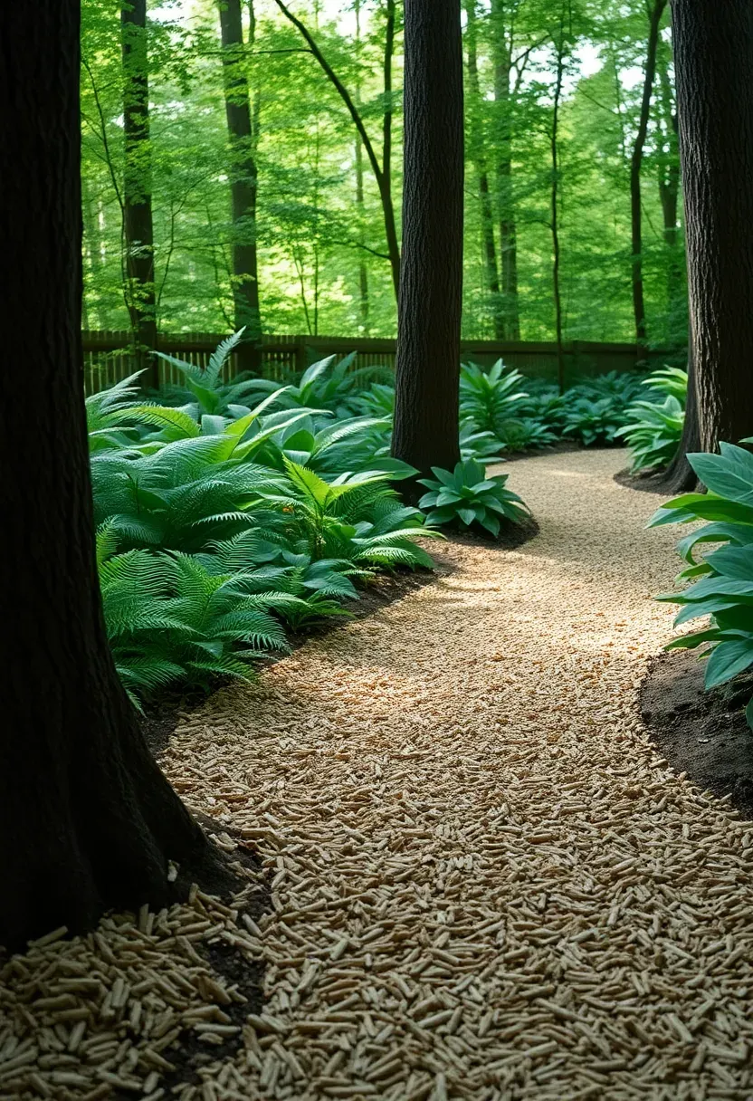 A shaded woodland backyard path covered in fresh wood chips winding between mature deciduous trees, with ferns and hostas lining both sides in dappled light