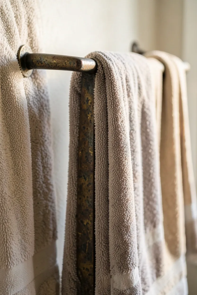Hand-forged iron towel rack with visible hammer marks and dark aged patina mounted on a lime-washed bathroom wall