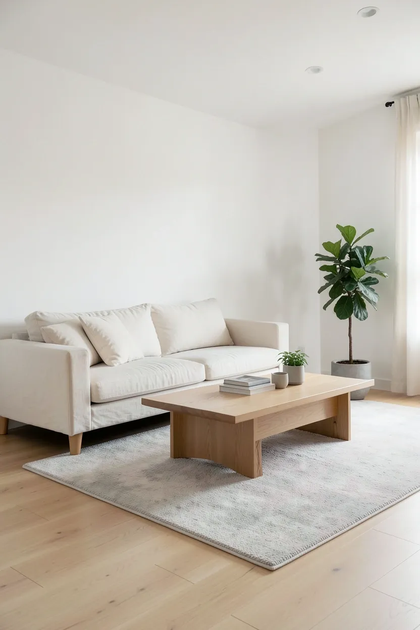 Hyper-realistic wide shot of neutral palette Japandi living room. White walls with subtle warmth variation, light oak wood floor, cream linen sofa, pale gray wool rug, low-profile oak coffee table with Japanese joinery. All colors muted and restrained—cream, white, pale oak, soft gray. Single potted plant providing only green accent. Bright natural light enhancing neutral scheme. Neutral palette mood showing calm timeless foundation, versatility evident in how objects stand out against restrained backdrop.</p>