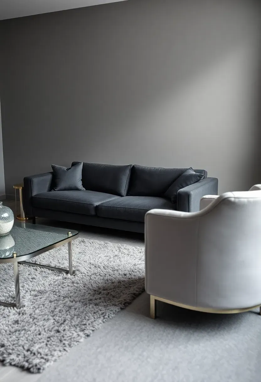 Hyper-realistic 3/4 view of monochromatic grey living room with dark grey couch, light grey velvet armchair, medium grey shag rug, silver grey walls, chrome coffee table. Materials: charcoal fabric, pale silver velvet, medium grey wool rug, polished chrome. Soft diffused light creating subtle grey shadows, no strong color cast. Sophisticated monochromatic mood like high-end boutique hotel. Shallow depth of field, sharp couch details, visible metallic lamp and glass vase. No text, no logos, no watermarks.</p>