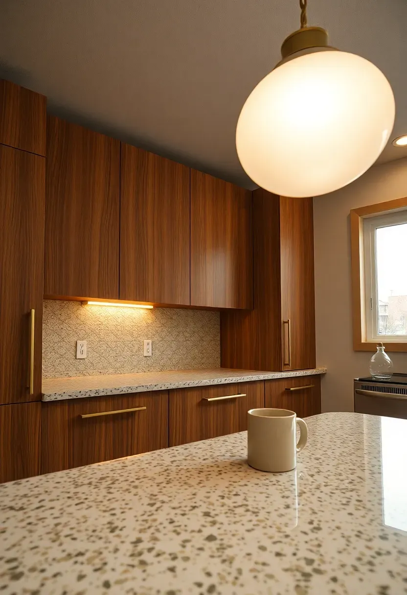Mid-century modern basement kitchenette with walnut slab cabinets, brass hardware, terrazzo countertop, and a vintage-style pendant light