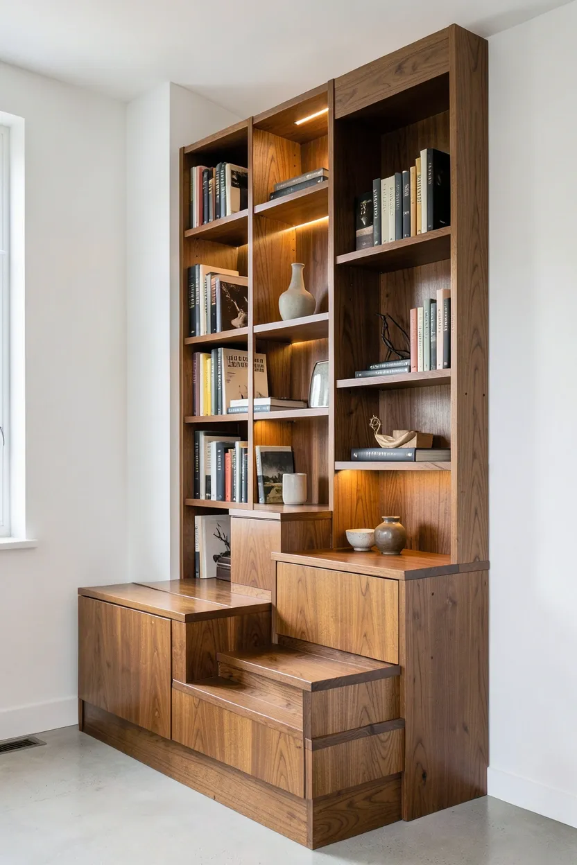 Teak built-in bookcase with step-down shelving displaying books and ceramics in a vintage Scandinavian living room