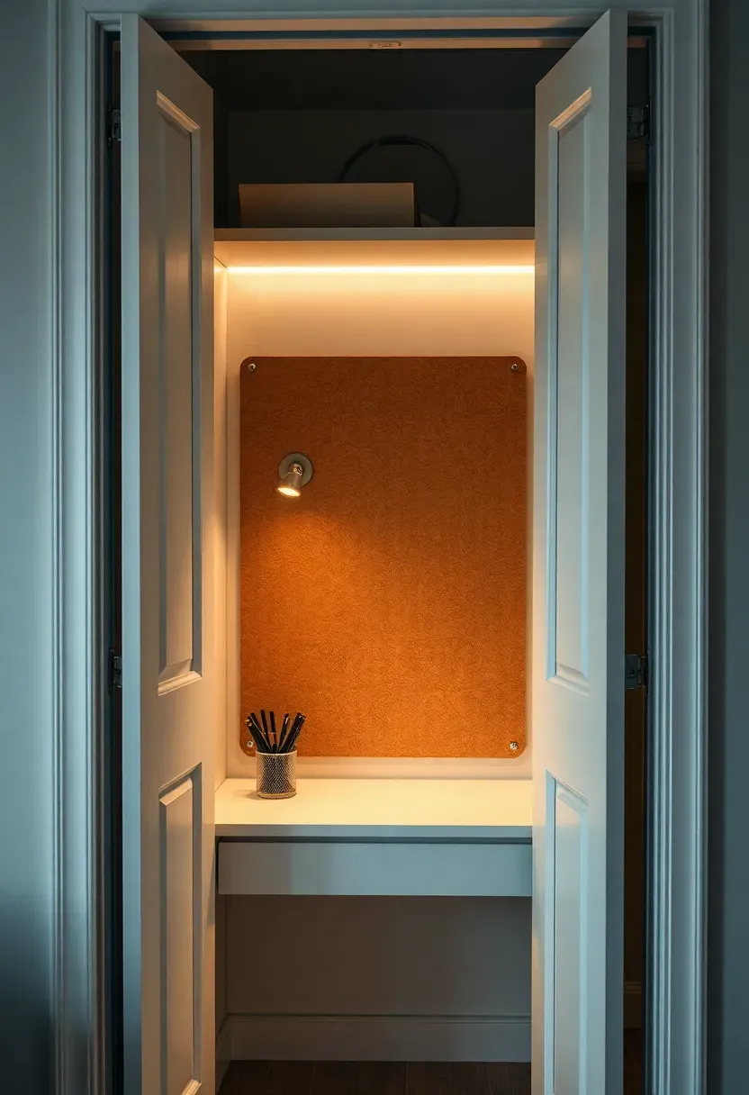 Converted reach-in closet home office with built-in desk, corkboard and LED under-shelf lighting