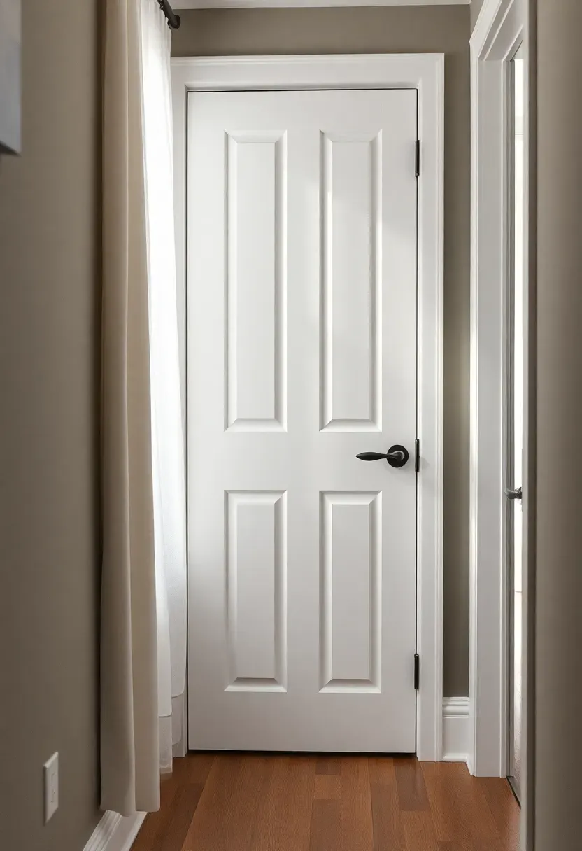 A white five-panel Shaker-style door with simple recessed panels and matte black hinges at a basement hallway