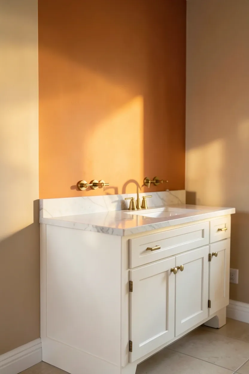 Toca Boca modern bathroom with terracotta sunset orange accent wall and warm wood vanity