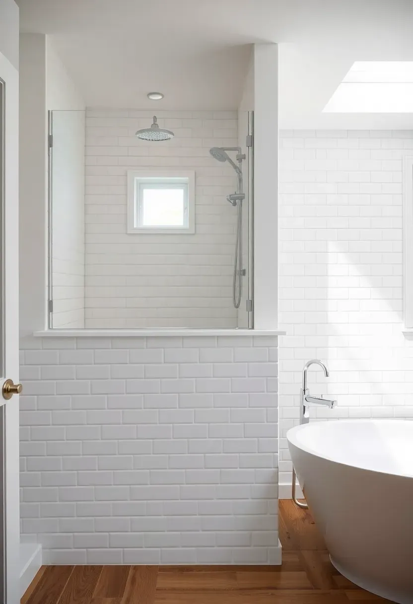Half-wall tile shower divider with open glass panel above and freestanding tub on the other side