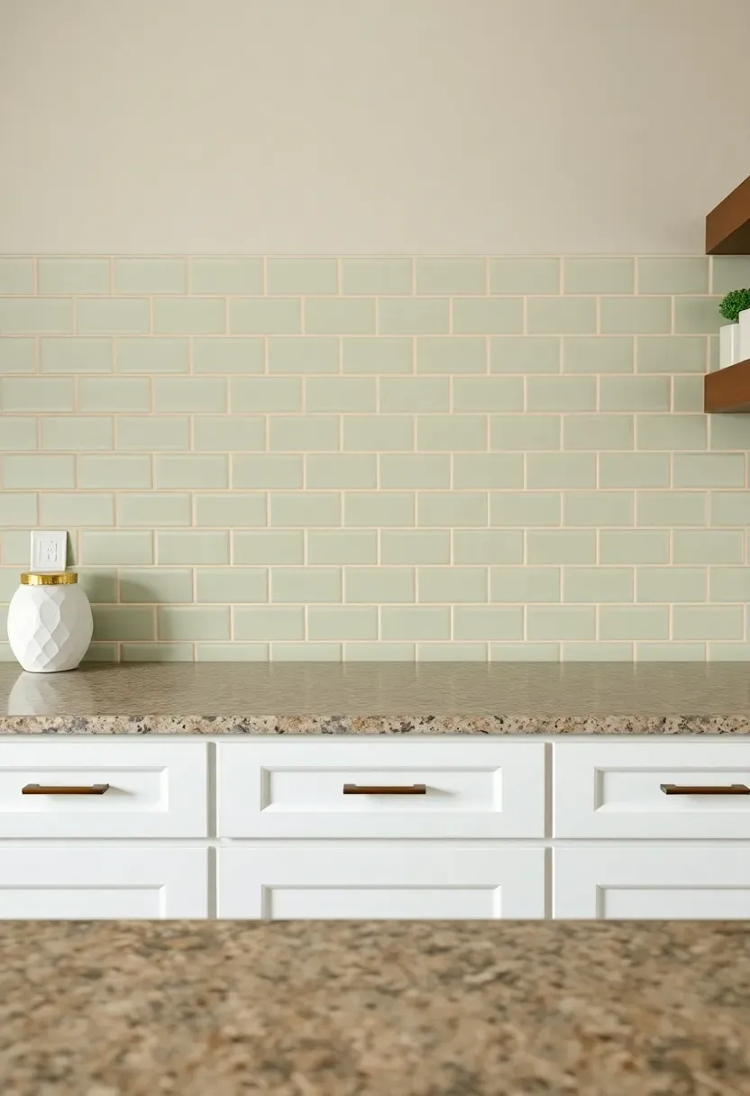 sage green ceramic tile backsplash in matte finish above fantasy brown granite countertops and white shaker cabinets