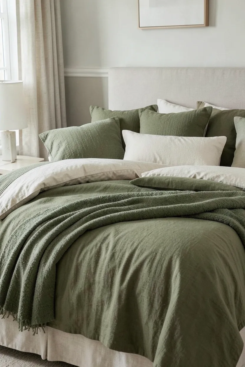 Interior bedroom door painted in deep olive green with brass knob against cream walls — architectural color accent idea