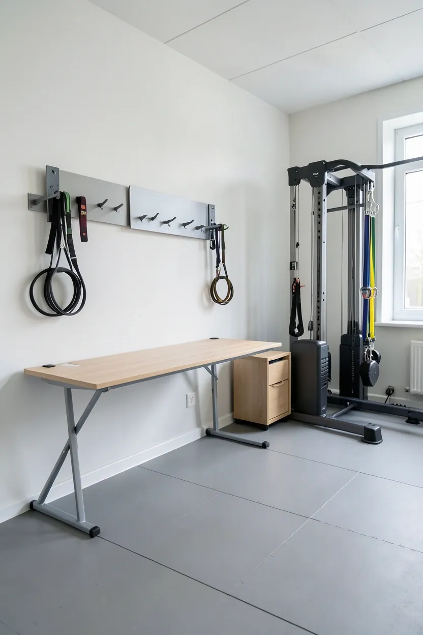 Dual-purpose home office and gym room with fold-up wall-mounted desk, stored resistance bands, and rubber flooring — multipurpose small space for renters