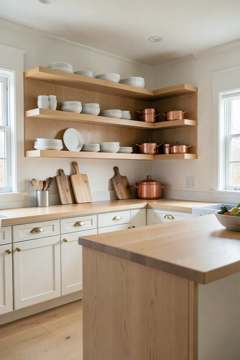 Hyper-realistic wide shot of a fall kitchen with open wooden shelving. Light oak floating shelves installed at varying heights above countertop. Shelves display white ceramic dishes in varying sizes, wooden cutting boards leaning, copper pots stacked neatly. Warm white shaker cabinets below. Brass hardware on cabinets. Large island in same light oak with waterfall edge. Natural light from window highlights shelf display. Clean organized surfaces. No text, no logos, no watermarks.</p>